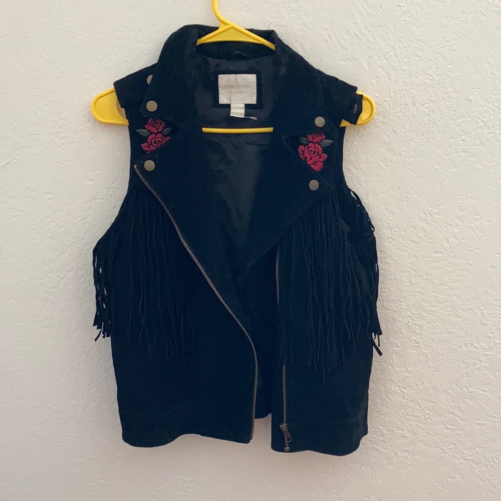 Leather fringe biker vest with rose embroidery